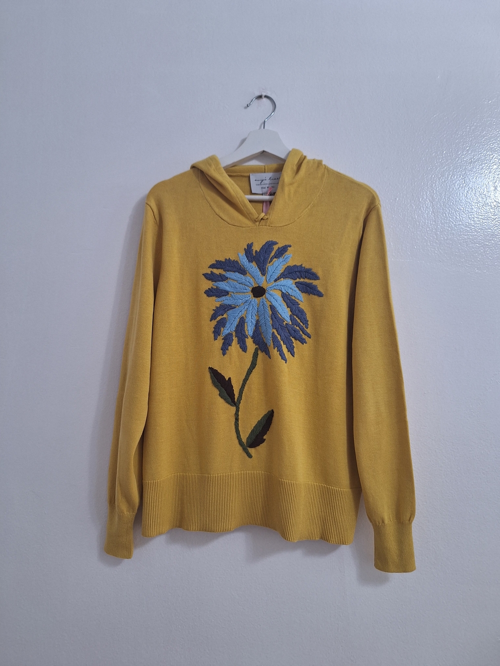 NWT evy's tree Mustard Yellow Hoodie Sweater with Blue Floral Motif - Picture 3 of 11